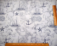 Nautical Fabric 1 Yard Navy Blue Ocean Maps Anchor Sailboats on White Cotton Vtg