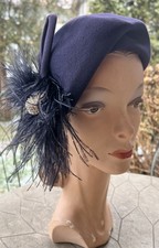 VINTAGE 1940's LORENE BLUISH PURPLE WOOL HAT W/ BLACK OSTRICH FEATHERS