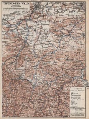 THÜRINGER WALD Öst. Thuringian Forest East. Erfurt Weimar Hamenau 1886 old map