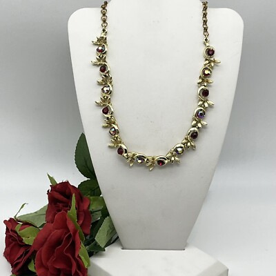 Vintage BSK Red Aurora Borealis Necklace Rhinestones Gold Tone Signed 16''