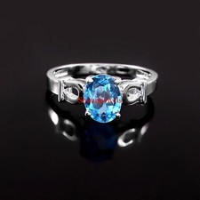 Natural Blue Topaz Gemstone With 18K White Gold Plated Silver Women's Ring 1260