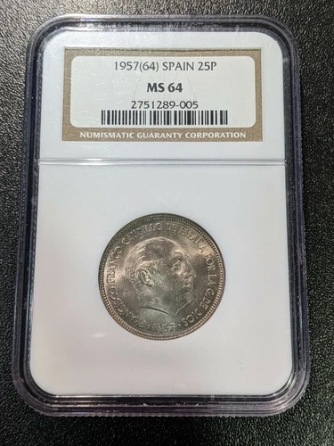1957 (64) MS64 Spain 25 Pesetas NGC KM 787  1964 Caudillo