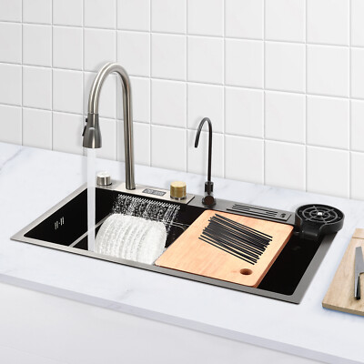 Modern Digital Display Waterfall Sink Stainless Steel Single Bowl Kitchen Sink