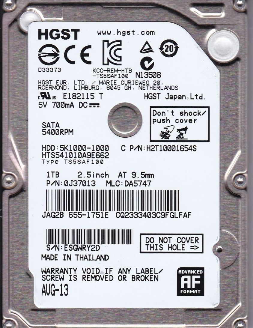 HGST HTS541010A9E662 / Apple 655-1751E AUG-13 mlc: DA5747 pn