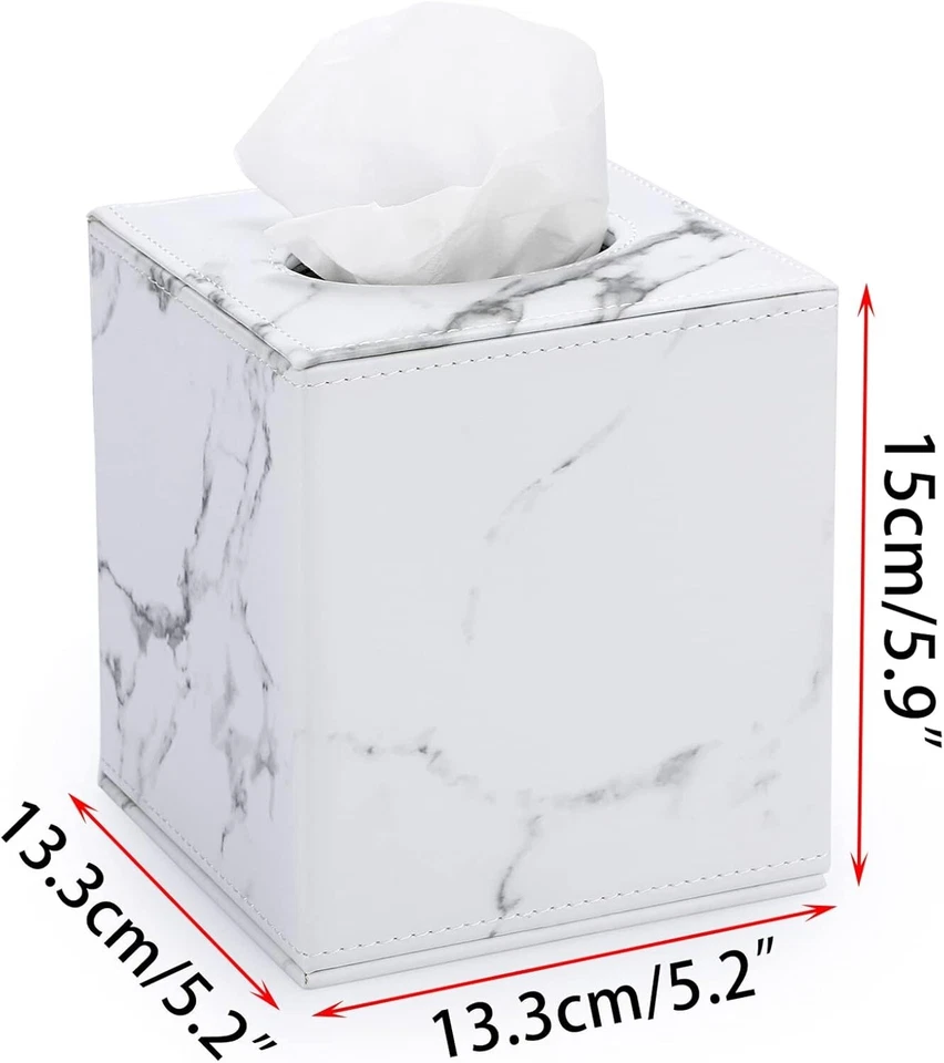Cubierta de caja de pañuelos de cuero cuadrada - Elegante soporte para cubo con mármol magnético blanco Foto 3 de 4