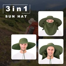 3-in-1 Sun Hat UV Protection Wide Brim Hat with Face Cover Neck Flap for Hiking
