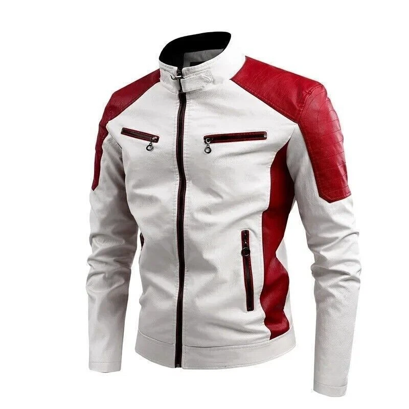 Men's Real Handmade Leather Jacket Stylish White & Red Motorbike Racer Blazer
