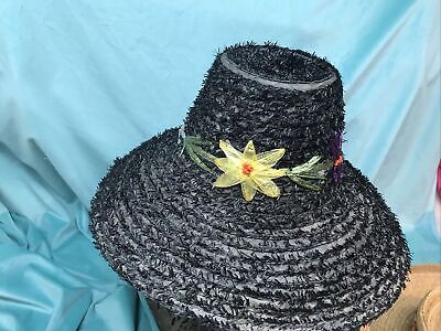 vintage straw hat 1940s 50s Beach Black Raffia Made In Italy 6 5/8