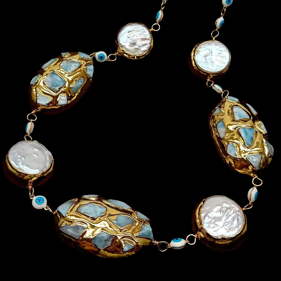 21" White Coin Pearl Blue Larimar Gold Plated Enamel Evil Eyey Chain Necklace Foto 4 de 4