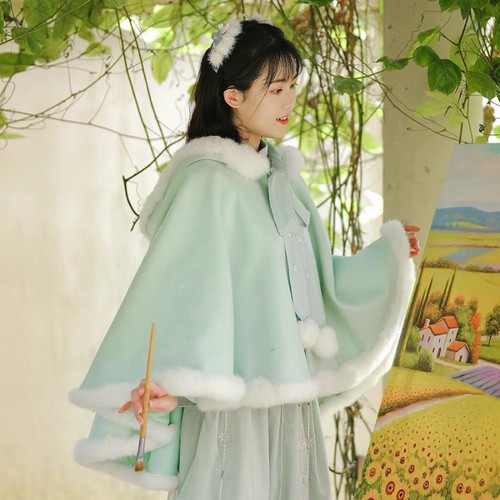 Chinesisches Damen Cape mit Kapuze flauschig Lolita Umhang Poncho Hanfu Mantel Oberbekleidung Retro - Bild 9 von 11