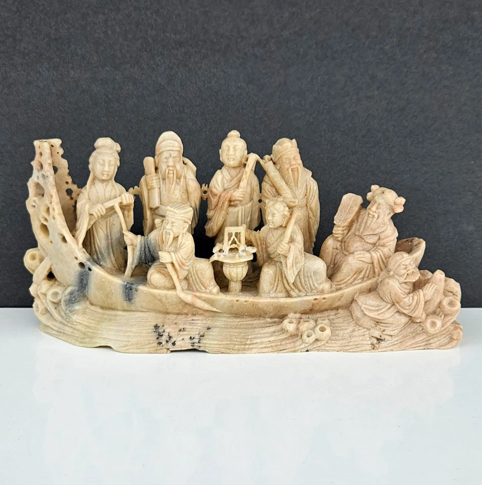Escultura de pedra-sabão esculpida chinesa antiga oito imortais no barco - Imagem 2 de 4