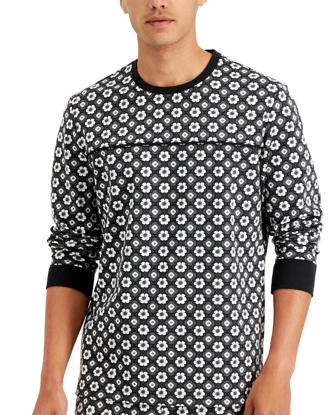 INC Mens Crew Neck Long Sleeve Floral Print Sweatshirt Deep Black XL 6390₽