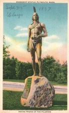 Vintage Postcard Massasoit Statue Pilgrims' Indian Friend Plymouth Massachusetts