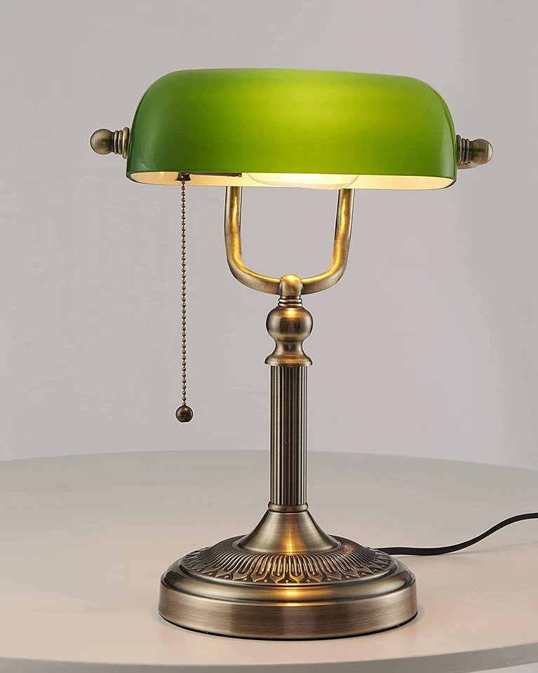Bronze Green Banker Desk Lamp Pull Chain Switch Glass Light Satin Brass Fixture - Image 4 of 4