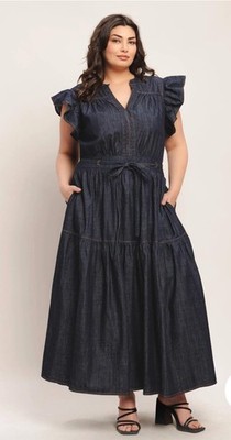 Flying Tomato Goddess Dark Indigo Women s Denim Flutter Tiered Dress Size 2X