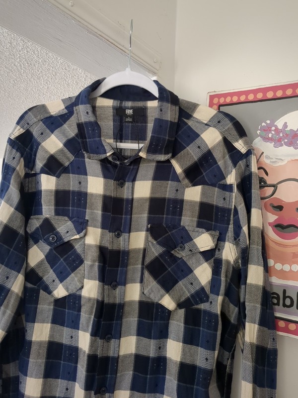 FRYE Shirt Button Up Men Large Blue White Buffalo Plaid Flannel SOFT Cotton