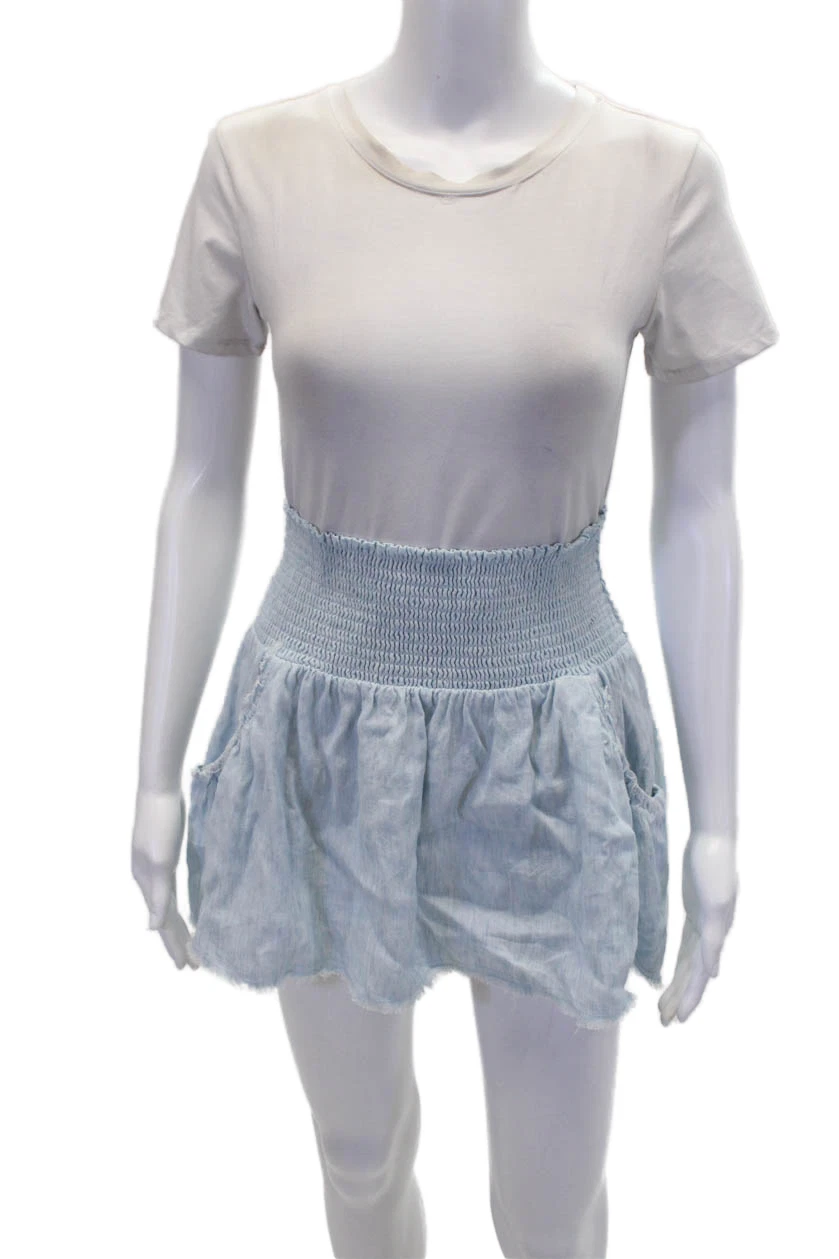 Ramy Brook Womens Smocked Pull On A Line Mini Skirt Light Blue Size Small