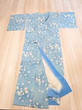 Antique Japanese Kimono Light Blue Floral Pattern Cotton Feel - For Craft Remake
