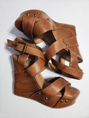 Gianni Bini Strappy Criss Cross Brown Leather Wedge Sandals Women's Size 7 Boho