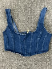 NEW Womens Denim Jean Cropped Button Front Tank Top Elastic Back Size M B43