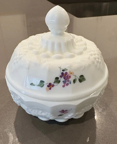 New ListingVTG FENTON LILACS ON MILKGLASS COVD PUFF BOX, CANDY DISH,  PANELED GRAPE Signed