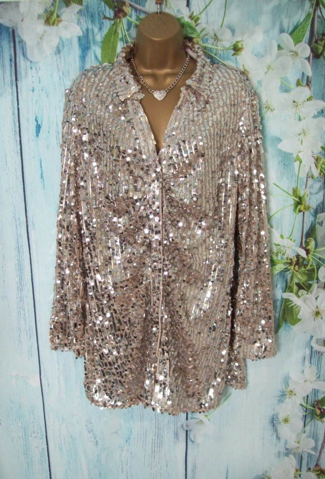 Next Silver Sequin Champagne Blouse Size 22 Button Front Ruched Party Occasion - Image 3 of 4
