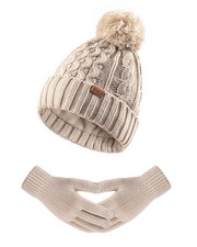 Women Winter Knit Warm Hat Beanie Gloves Set Pom Fleece Lined One Size, Oat