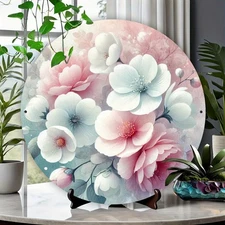 Round Aluminum Foil Engraved Wall Art with Soft Pastel Floral Design - Waterproo