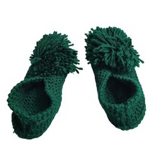 Handmade Warm Cozy Green Knit Slippers Pom Pom Accents 9 inches long