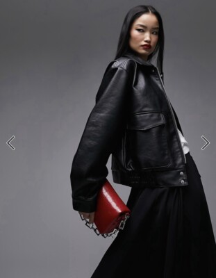 Topshop faux leather oversized pocket collar bomber jacket in black - Main Image