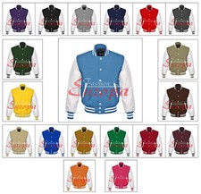 Varsity Pure Wool Letterman Bomber Baseball Jacket, White Real Leather Sleeves