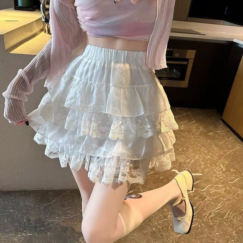 Sweet Lolita Lace Ruffled Mini Skirt Japanese Cute Mesh High Waist