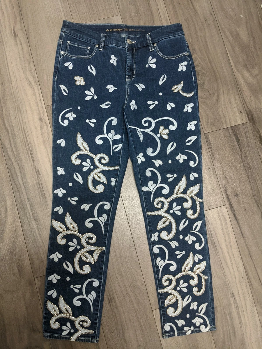 CHICOS SO SLIMMING GIRLFRIEND ANKLE JEANS W/EMBROIDERED FLOWERS & STUDS 0 -  4