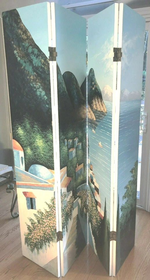 Escena Mediterránea en 4 paneles madera pintada a mano divisores Foto 4 de 4