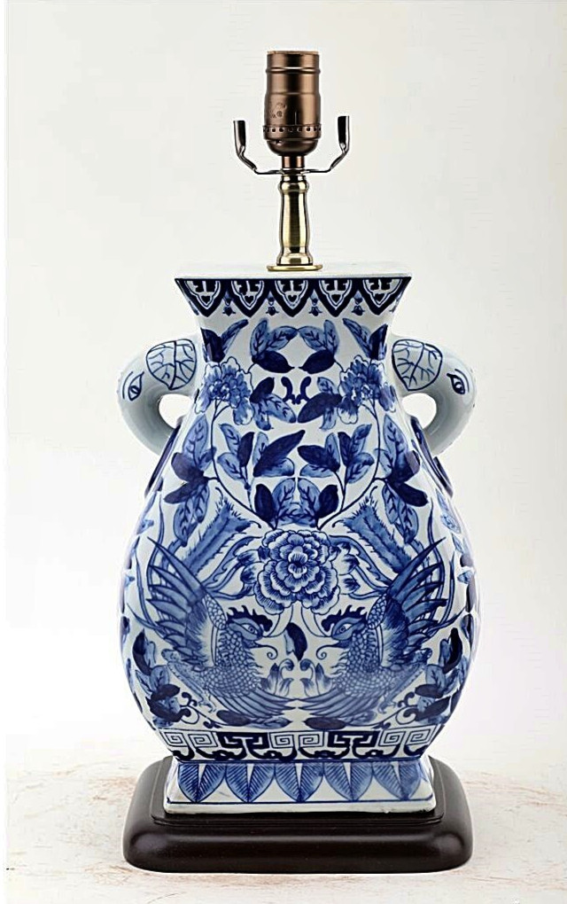 Blue, White Baluster Chinoiserie Lamp. Hand Painted. With Lampshade