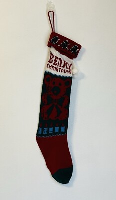 Vintage Christmas Stocking Red Green Knit Teddy Bear Beary Christmas 