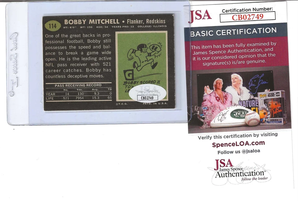 Tarjeta firmada por Bobby Mitchell JSA 1969 TOPPS HOF AUTÓGRAFO WASHINGTON HOF Foto 2 de 2