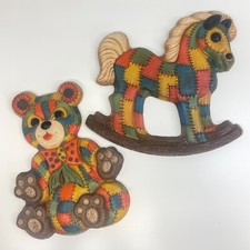 Vintage Foam Craft Patchwork Quilted Teddy Bear Rocking Horse Wall Hanging 1970s
