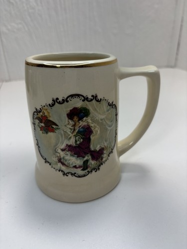 Ancienne tasse à bière Budweiser fille Stein avec anneau doré robe violette 5" de haut