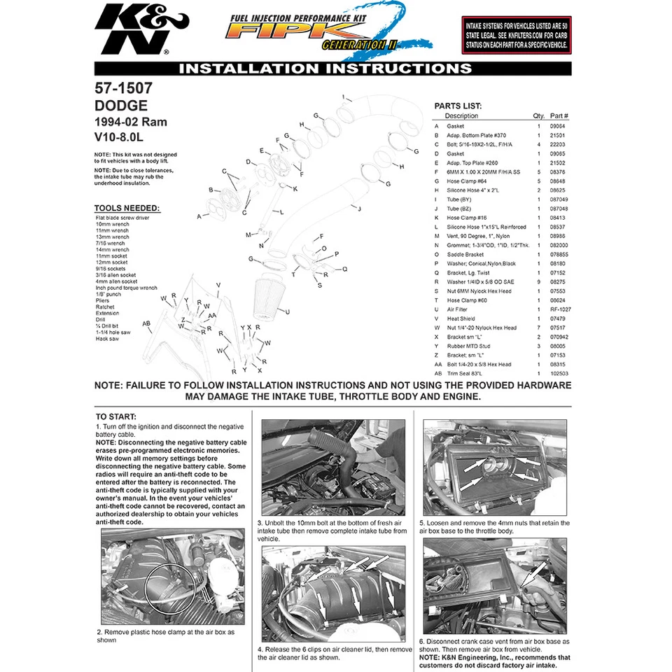 Воздухозаборник холодного воздуха K&N 57-1507 черный пластик для 94-02 Dodge Ram 2500 3500 8,0 л V10 - Изображение 3 из 4