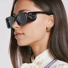 Gucci GG1325S 001 Black Dark Grey Rectangular Women Sunglasses AUTHENTIC