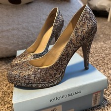 Nine West Lace Ivory Silver Metallic Glitter High Heels Pumps 10.5
