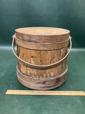 Antique Primitive Firkin Wood Sugar Bucket w/ Handle 8-1/2" Tall