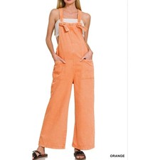 Zenana Peach Denim Wide Leg Overalls Adjustable Knot Straps DMO-1864Y Small NEW