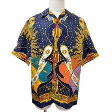Unused HERMES Vintage CARPE DIEM 100 Silk Short Sleeve Open Collar Shirt Navy 38