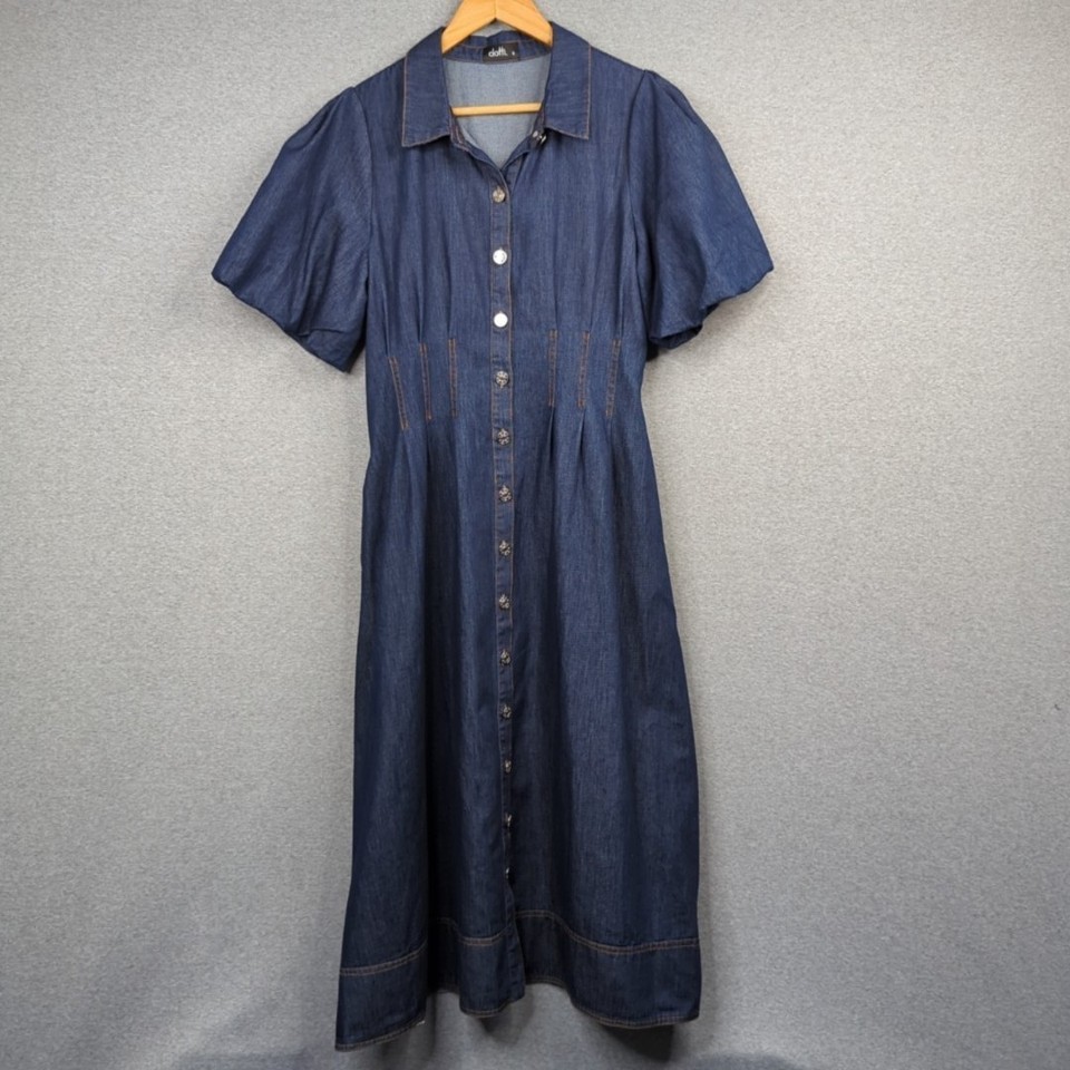 Dotti Dress Womens 12 Blue Denim Maxi Sheath Pockets Casual Career Work Event