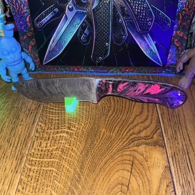 BNB Knives Cowboy Damascus Blank Custom Made Scales 1 Of 1. UV Reactive