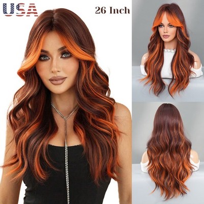 Womens Long Body Wavy Wig Black Brown with Orange Highlights Synthetic Hair Soft