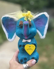 Elephant Bank Anthropomorphic Kitsch Flocked Blue Japan Vintage MCM