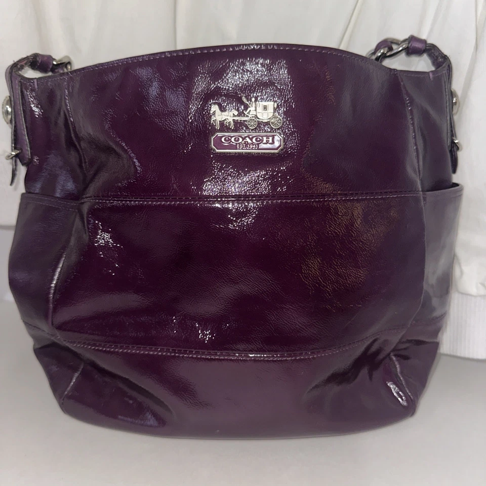 COACH MADISON TRIBECA PURPLE PLUM Patent LEATHER HOBO Signature PURSE BAG Tote  - Image 2 of 4